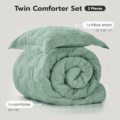 Joiedomi Tufted Twin Comforter Set, 2 Pieces Sage Green Boho Twin Bedding Set with 1 Plaid Geometric Comforter and 1 Pillow Sham, Checkered Bed in a Bag for All Seasons