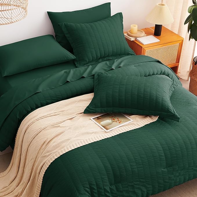 CozyLux Queen Comforter Set Emerald Green Seersucker 7 Pieces Bed in a Bag Queen Comforter Set with Sheets, Luxury Soft Bedding Set with Down Alternative Comforter, Sheets, Pillowcases & Shams