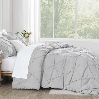 Andency Light Grey Oversized King Comforter Set (120x98Inch), 3 Pieces Pinch Pleat Cal King Bedding Comforters & Sets, Oversized Pintuck Soft Fluffy Down Alternative Bed Set for All Season