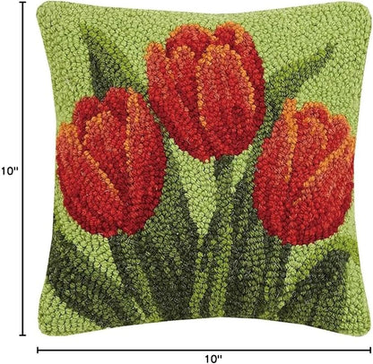 Peking Handicraft Red Tulips 10" Square Hooked Wool Throw Pillow with Polyfill Insert
