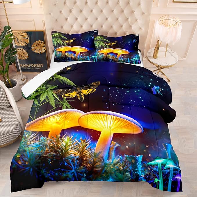 Tailor Shop Magic Mushrooms Bedding Sets, Trippy Mushrooms Comforter Set with Natural Forest Design for Teen Girls Kids Bedroom Decor, All Season Use with 1 Matching Pillowcase…