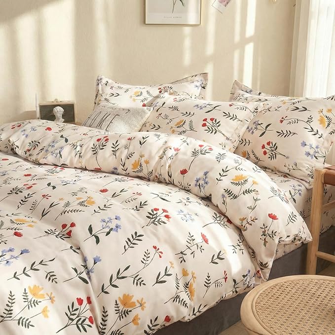 100% Cotton Comforter King Size Red and Yellow Floral Bedding Set Reversible Botanical Comforter Set 3 Pcs Cottagecore Soft Breathable Bedding Sets for All Season