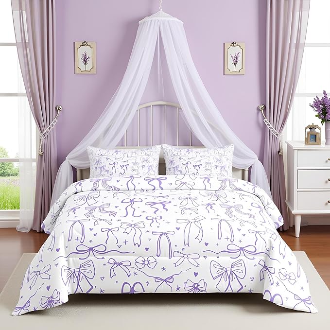 Purple Bowknots Bedding Set King Size,Cartoon Hand Drawn Stars Love Bow Comforter Set,Kawaii Princess Style Quilt Set for Kids Girls Women Teens Room Decor,Romantic Duvet Insert,2 Pillowcases