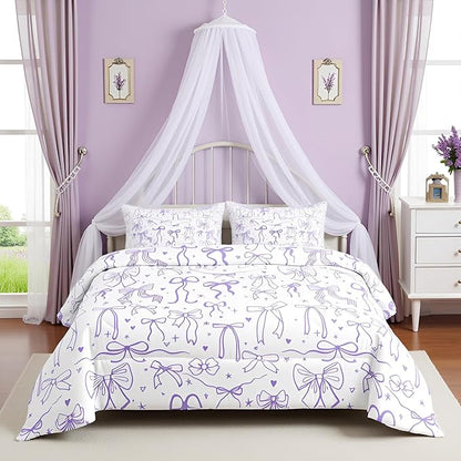 Purple Bowknots Comforter Set Queen Size,Cartoon Hand Drawn Stars Love Bow Bedding Set,Kawaii Princess Style Quilt Set for Kids Girls Women Teens Room Decor,Romantic Duvet Insert,2 Pillowcases
