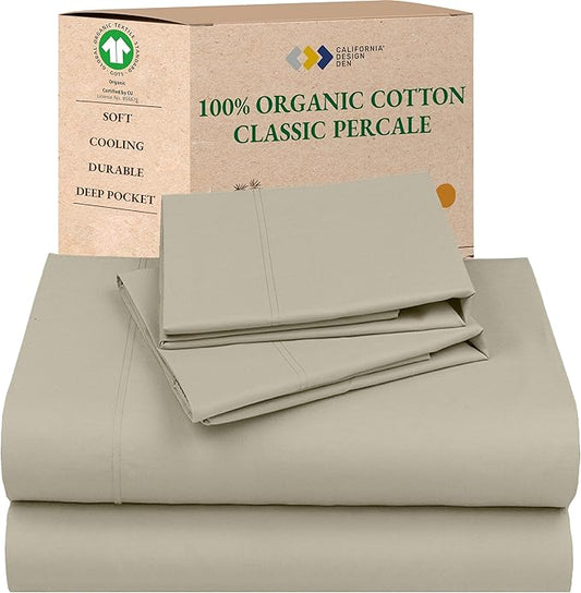 California Design Den Soft 100% Organic Cotton Bed Sheets Full Size Set - Crisp Percale Sheets with Deep Pockets, Breathable and Durable Bedding Set - Warm Taupe