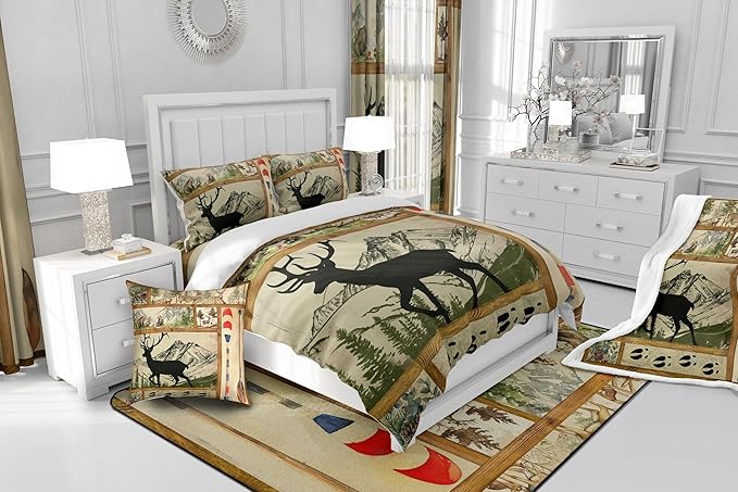 Farmhouse Lake House Decor Comforter Set Queen, Rustic Hunting Deer Bedding for Kids Boys Girls Teens, Retro Wild Animals Down Comforter, Woodland Pine Tree Paddle Plaid Decor Quilted Duvet, 3Pcs