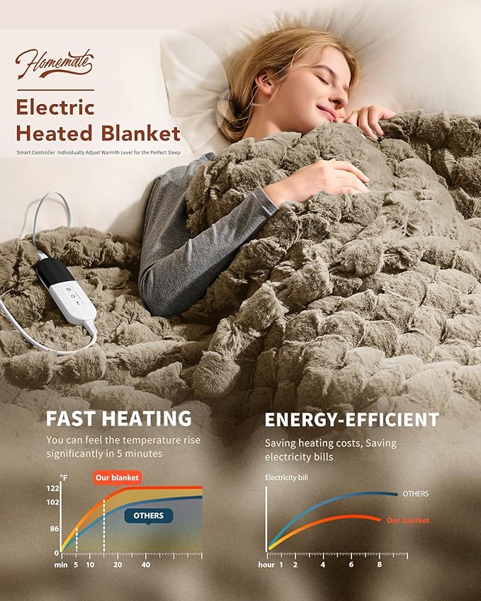 Homemate Heated Blanket Electric Throw - 50"x60" Heating Blanket Throw 4 Hours Auto-Off 10 Heat Levels Over-Heat Protection Luxury 800 GSM Faux Fur 200 GSM Sherpa ETL Certification