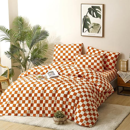 CLOTHKNOW Orange Plaid Twin Comforter Set 3Pcs Grid Bedding Comforter Sets Soft All Season Checker Comforter with 2 x Pillow Cases