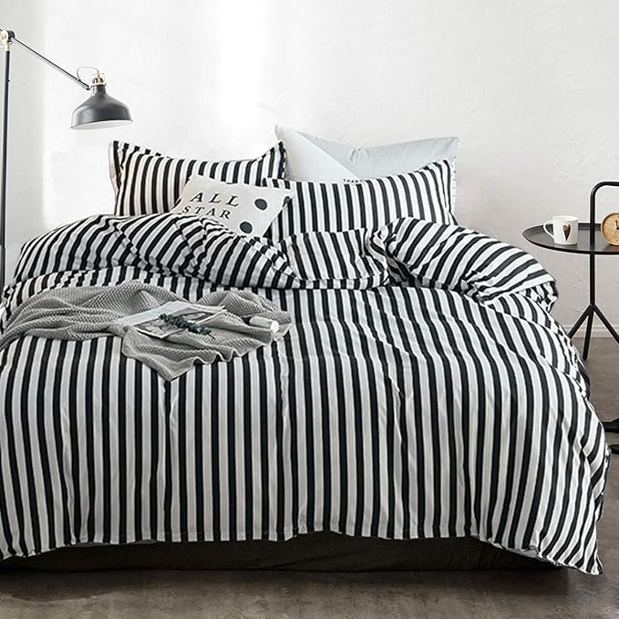 Cottonight Striped Comforter Set Queen White and Black Striped Comforter Full Vertical Modern Cotton Soft Breathable Bedding Comforter Set for Women Men Adults Kids