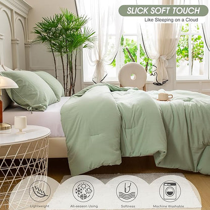 Sage Green Full Size Comforter Set, Super Soft Boho Plush Washed Polycotton Fabric, Cozy Comfy Down Alternative Bedding Blanket Comforter & Pillowcase Lightweight but Warm for All Season Use