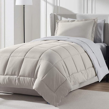 Nestl 5 Piece Twin XL Comforter Set – Beige Reversible Bed in a Bag – Complete Twin XL Size Bedding Set with Sheets, Pillowcase and Sham