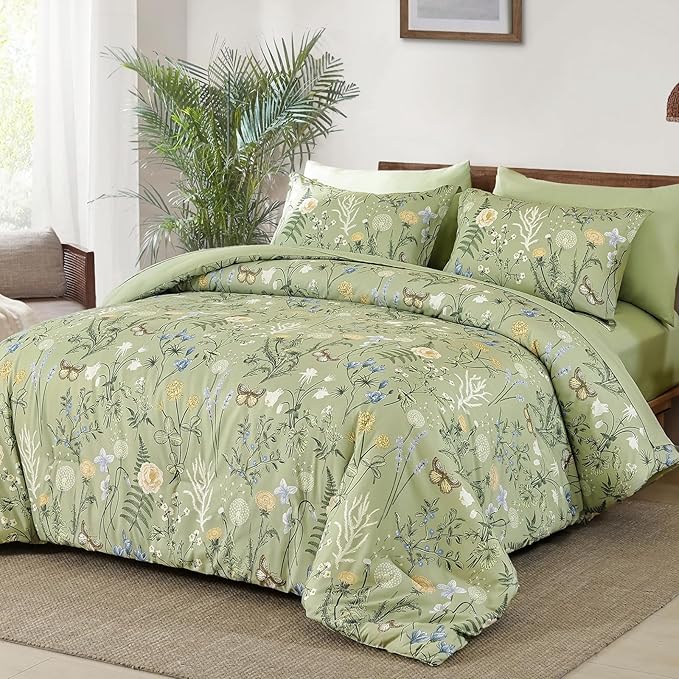 Yiran Sage Green Floral Comforter Set King Size, 7 Piece Botanical Comforter Bedding Set, Farmhouse Bed in a Bag, Soft Microfiber Complete Bedding Set with Sheets for All Season