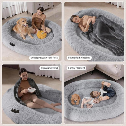 Giant Human Dog Bed for Adults and Pets, 74"x50"x12" Durable Memory Foam for Full-Body Comfort, Waterproof & Machine Washable Cover, Family Shared Lounger for Any Room, Grey