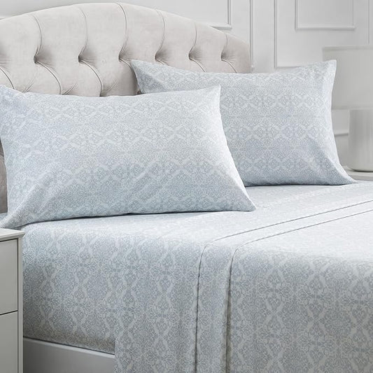 Mellanni California King Sheets Set - 4 PC Iconic Collection Bedding - Hotel Luxury, Extra Soft, Cooling Bed Sheets - Wrinkle, Fade, Stain Resistant (Cal King, Laced Sky Blue)