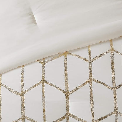 Intelligent Design Raina King/Cal King Comforter Set, Soft Microfiber, Modern Geometric Metallic Bed Set, 5 Pieces College Bedding with 2 Shams, 2 Toss Pillows Ivory/Gold