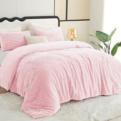 CozyLux Fluffy Queen Comforter Set - Super Soft Faux Fur Pink Comforter Queen Size, Winter Warm Fleece Bedding Set, 3 Pieces Plush Fuzzy Bed Set (1 Shaggy Comforter, 2 Pillowcases)