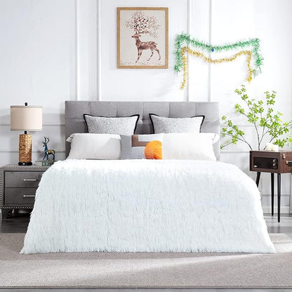 JONIYEAR Extra Large Decorative Fluffy Faux Fur Blanket Queen Size 80" x 90", Soft Luxury Lightweight Furry Blankets, Solid Cozy Shaggy Plush Thick Warm Fuzzy Blankets for Winter Bed Couch, White