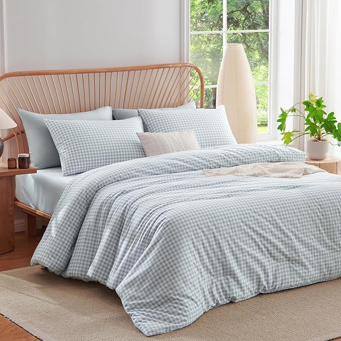 Nayoroom Gingham Comforter Set Full Size Blue Plaid Checkered Dorm Bedding Set 3 Pieces Soft Lightweight Farmhouse Grid Comforter for All Seasons (1 Comforter, 2 Pillowcases)