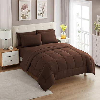 Sweet Home Collection 7 Piece Comforter Set Bag Solid Color All Season Soft Down Alternative Blanket & Luxurious Microfiber Bed Sheets, Brown, Queen