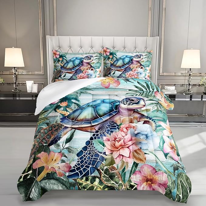 Spring Sea Turtle Comforter Set 3 Pcs Bedding Set King Size for Girls,Wooden Floral Tropical Plants Printed Quilts Set Lightweight Soft Microfiber Warm All Season with 2 Pillowcases