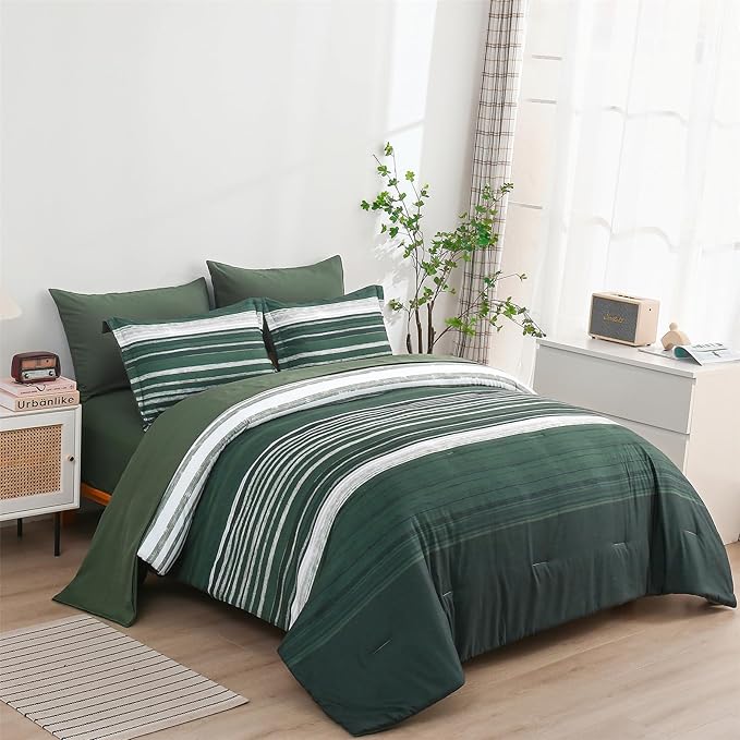 KAKIJUMN 7 Piece Bed in a Bag Stripe Comforter Set King Size, White Grey Green Patchwork Striped Comforter and Sheet Set, All Season Soft Microfiber Complete Bedding Sets(Dark Green,King)