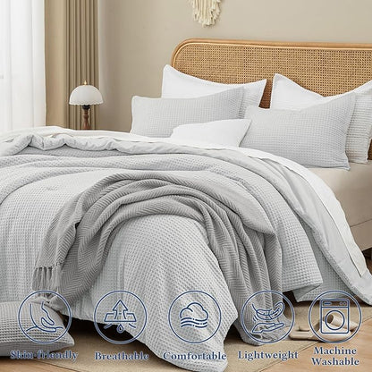David's Home Waffle Weave Comforter Set 3PCS Queen Size, Soft Breathable Lightweight Cozy Skin-Friendly Warm for All Season, Elegant Aesthetic Home Decor Bedding Set with Pillow Shams, Light Grey