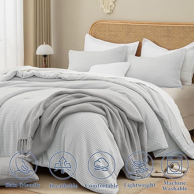 David's Home Waffle Weave Comforter Set 3PCS California King Size, Soft Breathable Lightweight Cozy Skin-Friendly Warm for All Season, Aesthetic Home Decor Bedding Set with Pillow Shams, Light Grey