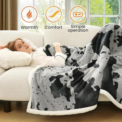 Cow Print Heated Throw Blanket Electric Blanket-Heating Blanket Throw with 10 Heat Levels & 10 Hours Auto-Off, Cozy Soft Fleece Sherpa, Washable, 50 x 60 Inches Cow Print Grey