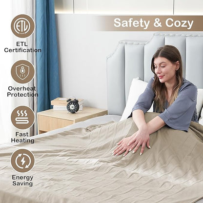Electric Heated Blanket Full Size 72"x84",Fast Heating Throw, Soft Fleece for Bed & Sofa, 10 Hours Auto Off & 4 Heating Levels, Machine Washable, Gifts for Grandma & Family-Light Brown