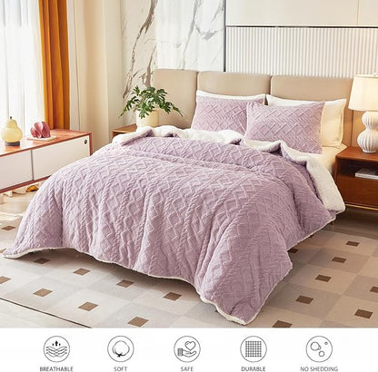 Joyreap 3-Piece Fluffy Faux Fur Sherpa Comforter Set Purple, Twin Size Luxury Tufted Bedding Comforter Set, All Season Soft n Cozy Plush Comforter Bed Set- 68x86 inches