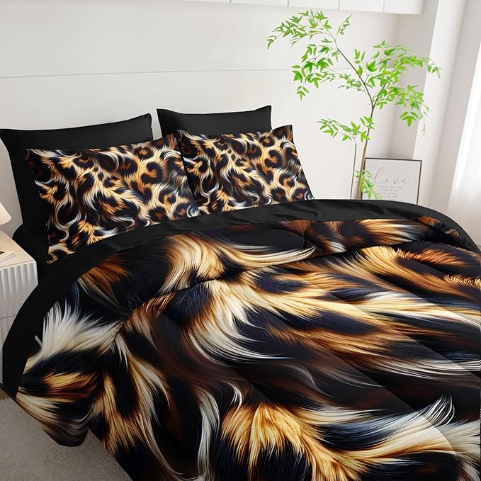 7 Piece Leopard/Cheetah Zebra Print Queen Size Comforter and Sheets Set，Leopard Print Bedding Set Queen，(1 Comforter, 1 Flat Sheet, 1 Fitted Sheet, 2 Pillowcase and 2 Pillow Sham)