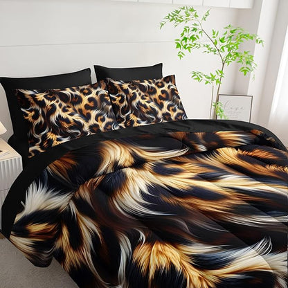 7 Piece Leopard/Cheetah Zebra Print Queen Size Comforter and Sheets Set，Leopard Print Bedding Set Queen，(1 Comforter, 1 Flat Sheet, 1 Fitted Sheet, 2 Pillowcase and 2 Pillow Sham)