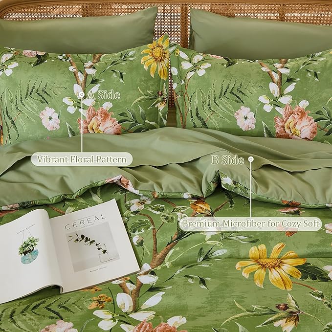 Yiran Sage Green Hibiscus Floral Comforter Set King Size, 7 Piece Bird Flowers Botanical Comforter Bedding Set, Vintage Bed in a Bag, Soft Microfiber Complete Bedding Set with Sheets for All Season