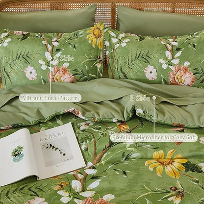 Yiran Sage Green Hibiscus Floral Comforter Set Queen Size, 7 Piece Bird Flowers Botanical Comforter Bedding Set, Vintage Bed in a Bag, Soft Microfiber Complete Bedding Set with Sheets for All Season