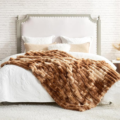 Cozy Bliss Faux Fur Throw Blanket for Couch, Cozy Warm Plush Striped Blanket for Sofa Bedroom Living Room, 50 * 60 Inches Tie-dye Brown