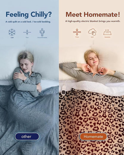 Homemate Electric Heated Blanket Full Size - 72"x84" Heating Blanket Full Size 1/2/4/6/8 Hours Auto-Off 10 Heat Level Over-Heat Protection Flannel Sherpa ETL Certification