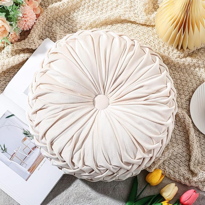 Round Throw Pillows Decorative Pleated Throw Pillows 15'' Diameter Accent Pumpkin Boho Chair Cushion for Couch Sofa Home Decoration(Velvet,Beige,1 Pcs)