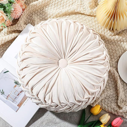 Round Throw Pillows Decorative Pleated Throw Pillows 15'' Diameter Accent Pumpkin Boho Chair Cushion for Couch Sofa Home Decoration(Velvet,Beige,1 Pcs)