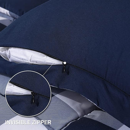 downluxe Lightweight Plaid Comforter Set (Queen) with 2 Pillow Shams - 3-Piece Set - Blue/White Plaid - Down Alternative Reversible Comforter