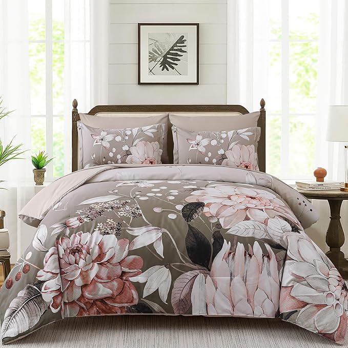 Drucon Queen Comforter Set - 7 Pieces Floral Brown Soft Bedding Sets, Queen Bed in a Bag with Botanical Flowers Comforter, Sheets, Pillowcases & Shams
