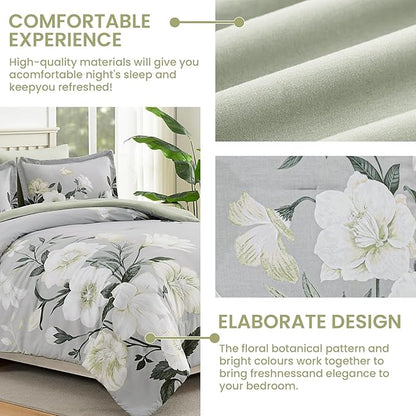 Floral Comforter Set Queen Size,7 Piece Sage Green Bed in a Bag, Elegant Flower Pattern Comforter Set with Sheet, Soft Microfiber Complete Bedding Sets for All Season