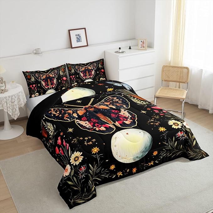 Erosebridal Adults Death Moth Queen Comforter Set, Gothic Moth Bedding Set Moon and Star Black Comforter for Kids Boys Girls Women Men Bedroom Decor, Boho Exotic Vintage Floral Butterfly Quilt