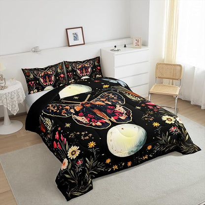 Erosebridal Adults Death Moth Twin Comforter Set, Gothic Moth Bedding Set Moon and Star Black Comforter for Kids Boys Girls Women Men Bedroom Decor, Boho Exotic Vintage Floral Butterfly Quilt