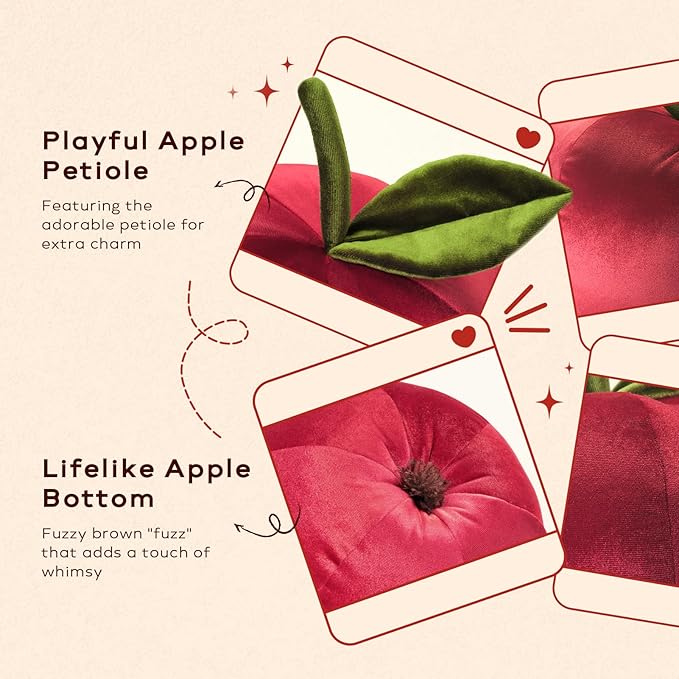 Ashler Apple Pillow, Fruit Shaped Pillows, Apple Shaped Luxury Velvet Throw Pillow, Cute Apple Cushion, Fun Home Decor for Sofa, Chair, Bedroom, Red, 11x9.5IN