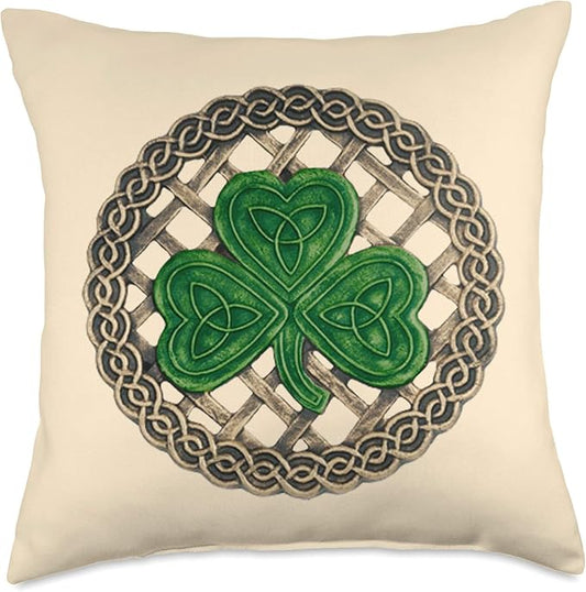 Green Shamrock, Celtic Knots With Beige Background Throw Pillow