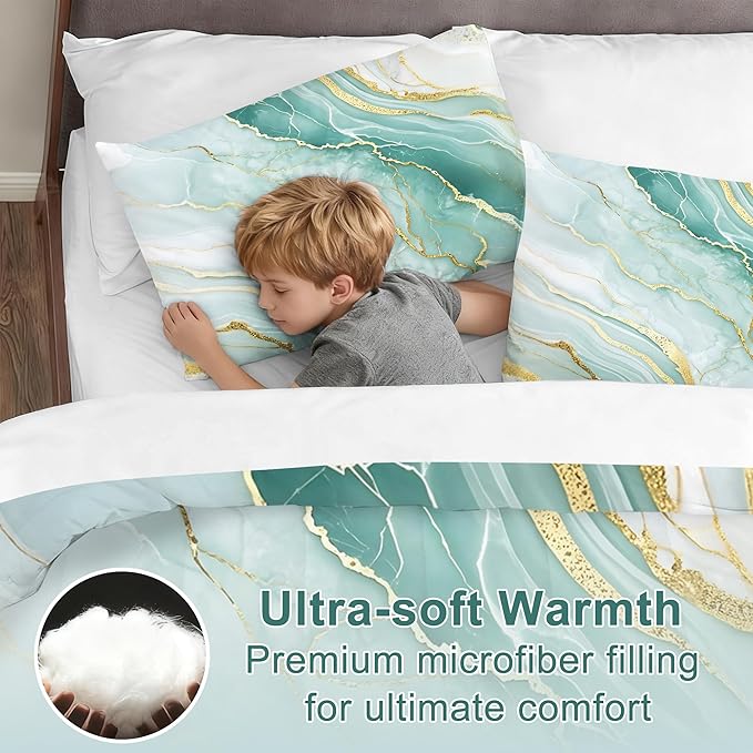 Mint Green Marble Comforter Set Twin Size, Watercolor Marbled Bedding Set for Girls Boys Kids Women, Green and Gold Bedroom Decor, Soft Turquoise Bed Set with 1 Comforter and 1 Pillowcase