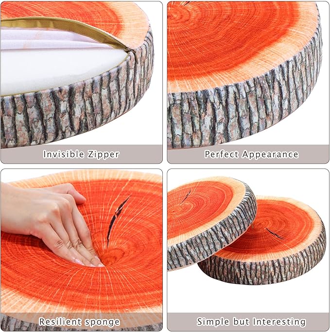 Queekay 2 Pcs Round Throw Pillow Decorative Wood Slice Floor Cushion 3D Digital Printing Forest Decor Soft Circle Pillow Cute Stump Camping Memory Foam for Home Chair Bedroom Decor(Vintage)