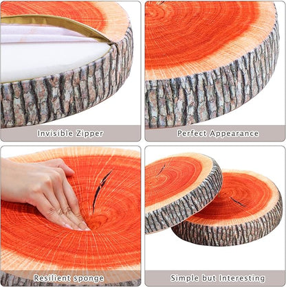 Queekay 2 Pcs Round Throw Pillow Decorative Wood Slice Floor Cushion 3D Digital Printing Forest Decor Soft Circle Pillow Cute Stump Camping Memory Foam for Home Chair Bedroom Decor(Vintage)