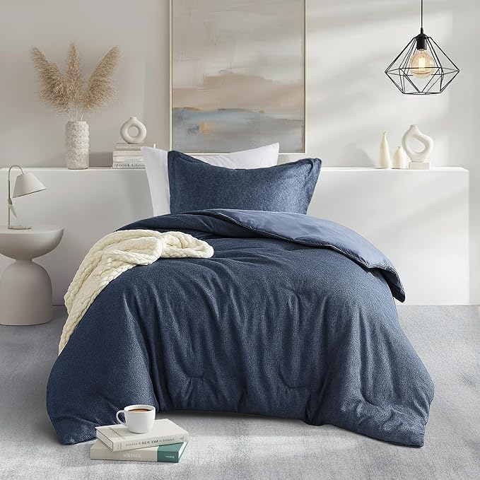 Twin/Twin XL Size Comforter Set, Lightweight Navy Soft Bedding for All Seasons, 2 Pieces Chambray Print Solid Farmhouse Bed Set, Comforter & Shams