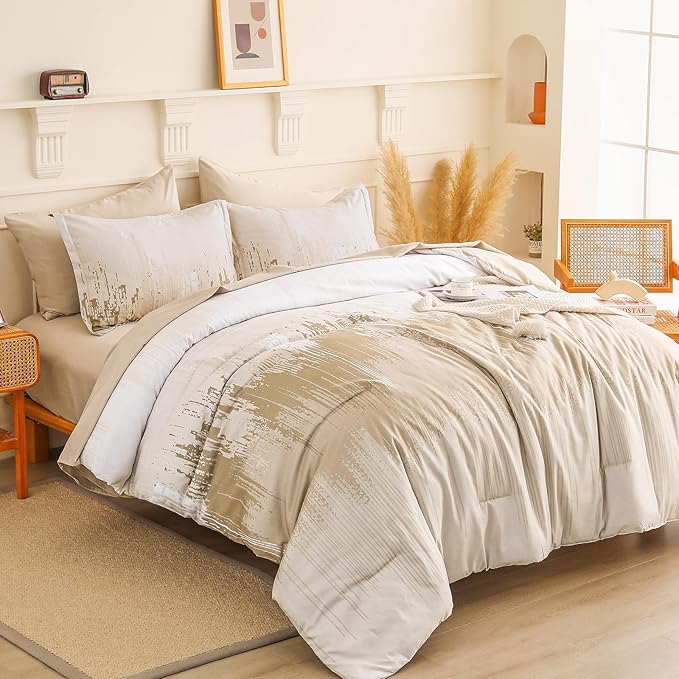 WONGS BEDDING Comforter Set King, Ombre Beige 7 Pieces Bed in a Bag Colorful Abstract Art Gradient Comforter Soft Microfiber Bedding Set with Flat Sheet, Fitted Sheet, Pillow Shams, Pillowcases
